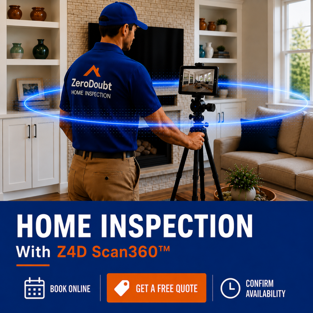 Professional Zero Doubt Home Inspection technician performing a Z4D Scan360™ home inspection using advanced visual documentation technology inside a modern Spokane-area home.