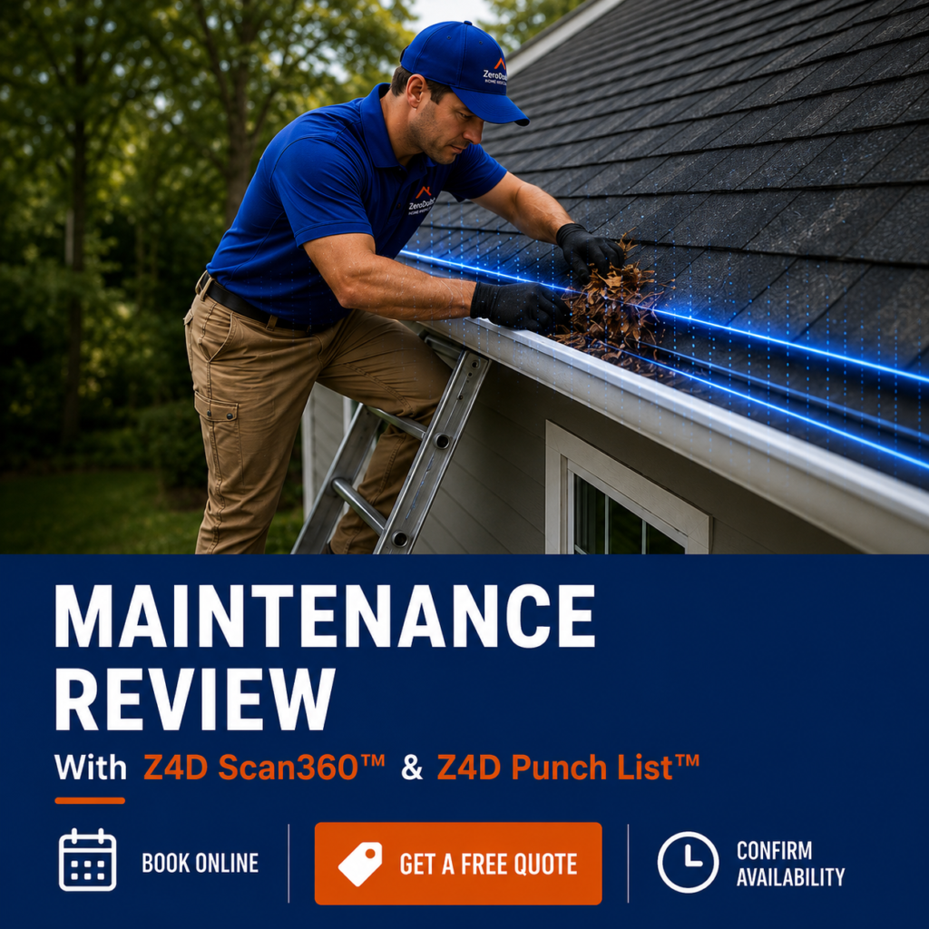 Zero Doubt Home Inspection inspector performing a home maintenance review while cleaning and inspecting gutters using Z4D Scan360™ visual documentation technology.