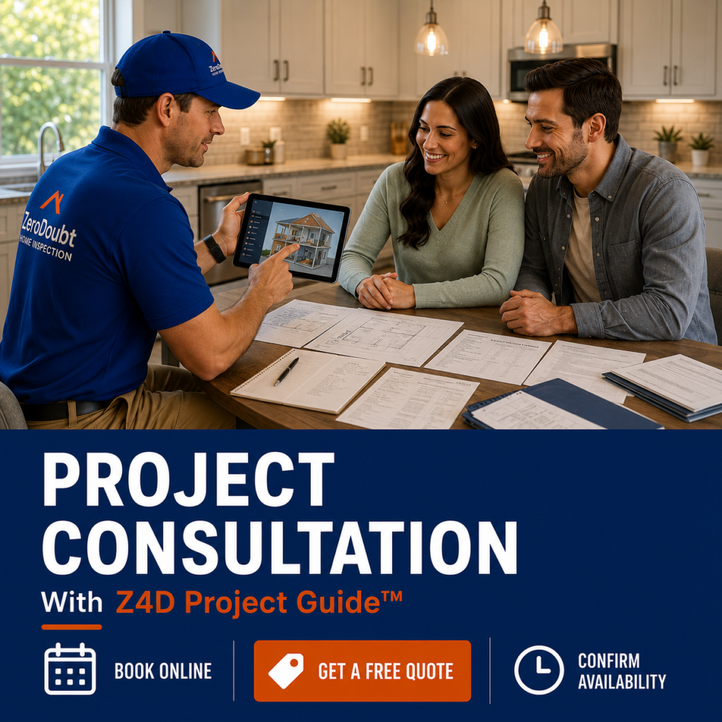 Zero Doubt Home Inspection consultant reviewing digital project plans with homeowners during a Project Consultation using the Z4D Project Guide™ system.